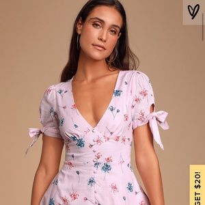 Light Pink Floral Print Tie-Sleeve Mini Dress